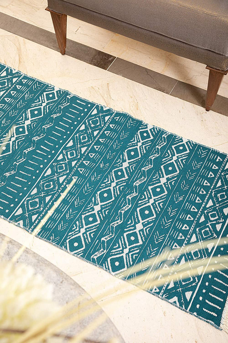 SOLTAKO carpet runner with fringes and pattern reversible retro boho ethno Moroccan Berber washable vintage model Djerba, 135x65 cm